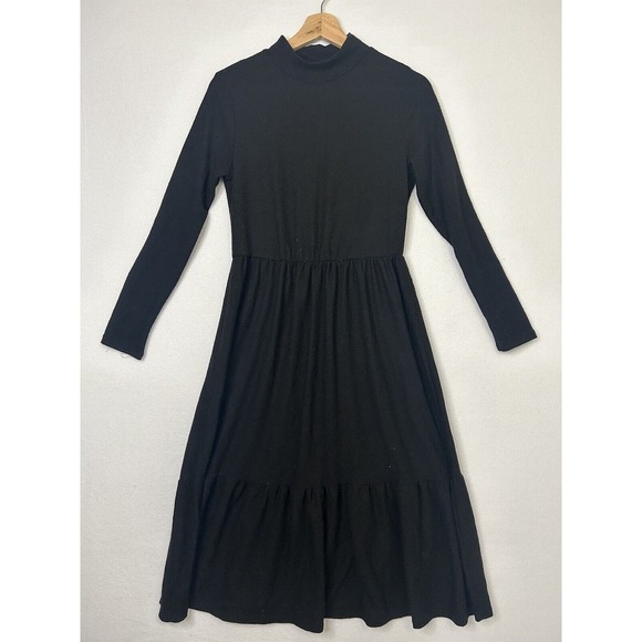 ophelia Dresses & Skirts - Ophelia Roe Tiered Black Dress Size Medium Casual Long Sleeve Peasant Mock Neck